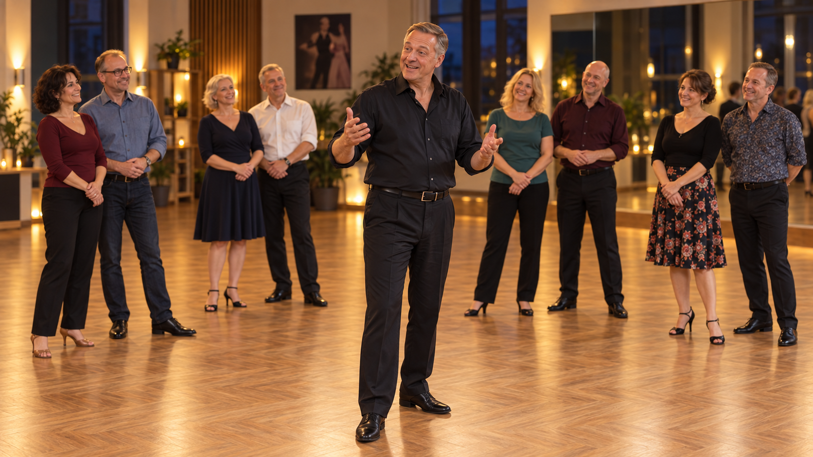Daniel Berger mit einer beobachtenden Tanzgruppe