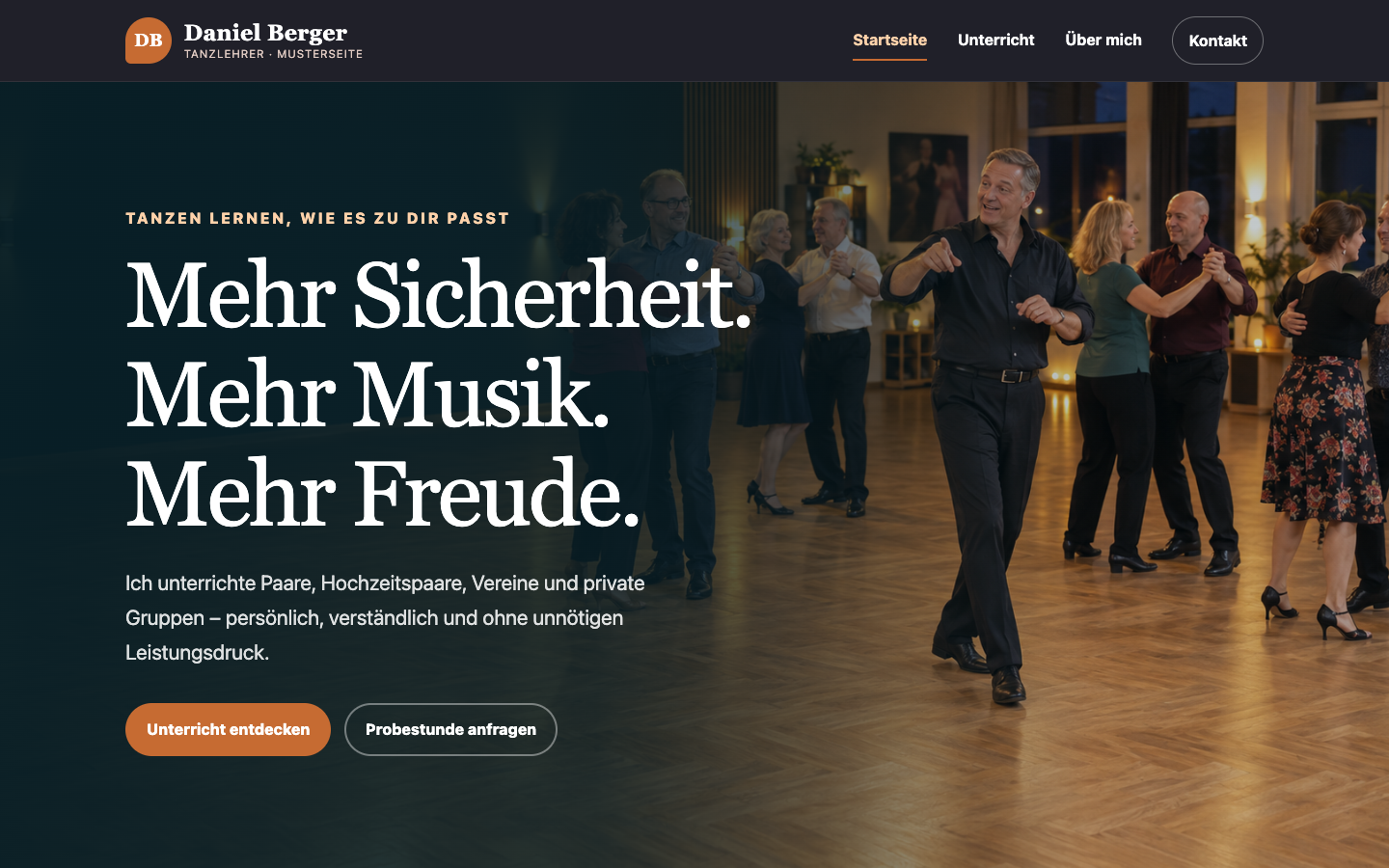 Webdesign-Vorschau für einen selbstständigen Tanzlehrer, Variante 1