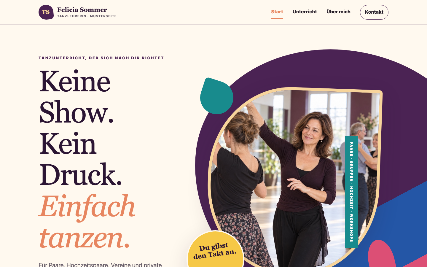 Webdesign-Vorschau für eine selbstständige Tanzlehrerin, Variante 2