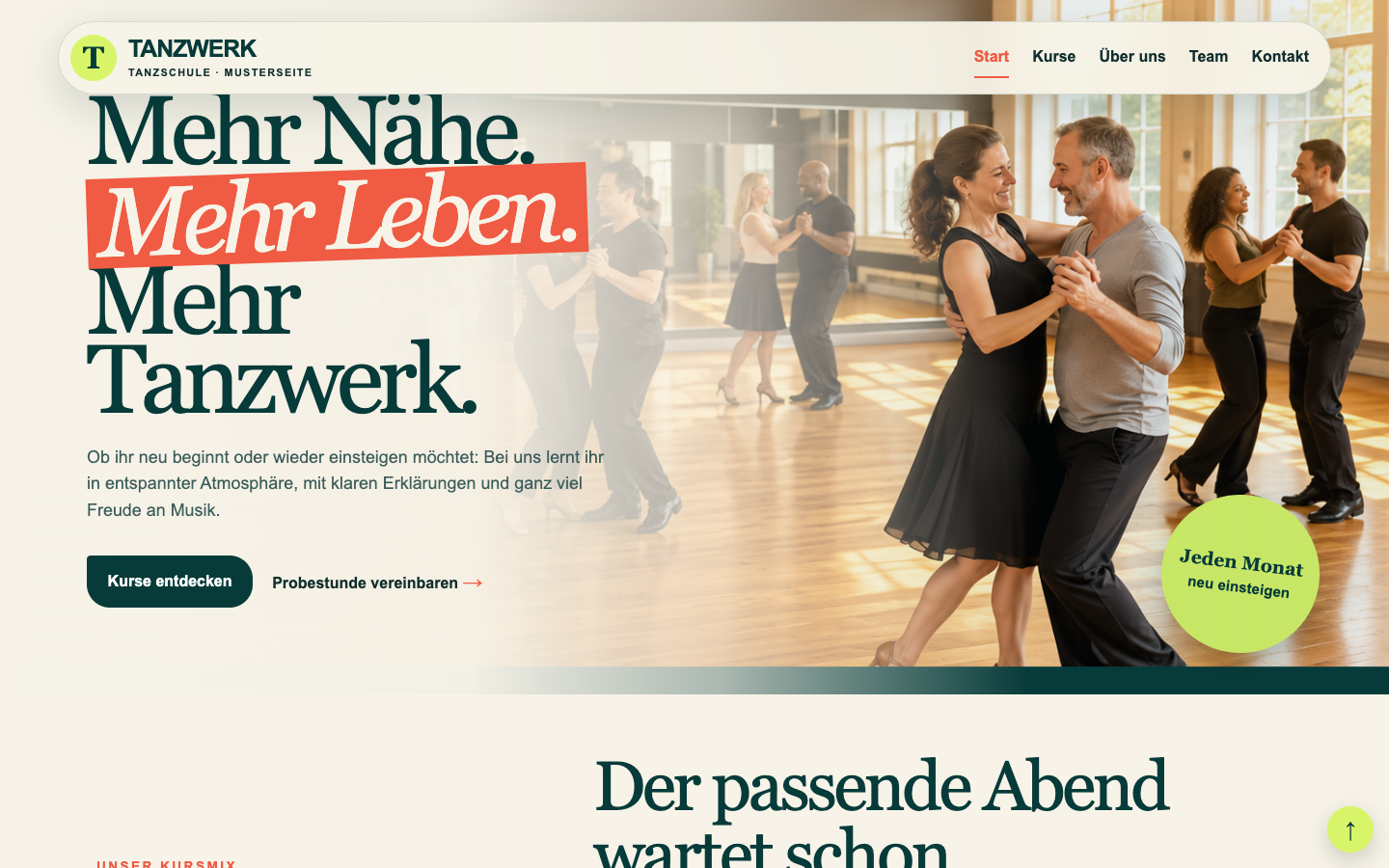 Webdesign-Vorschau für eine Tanzschule, Variante 3