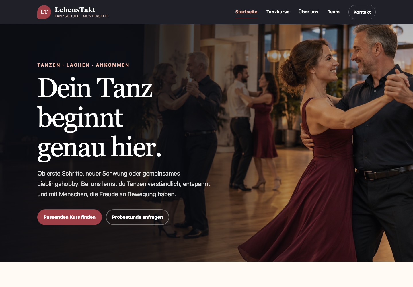 Webdesign-Vorschau für eine Tanzschule, Variante 1